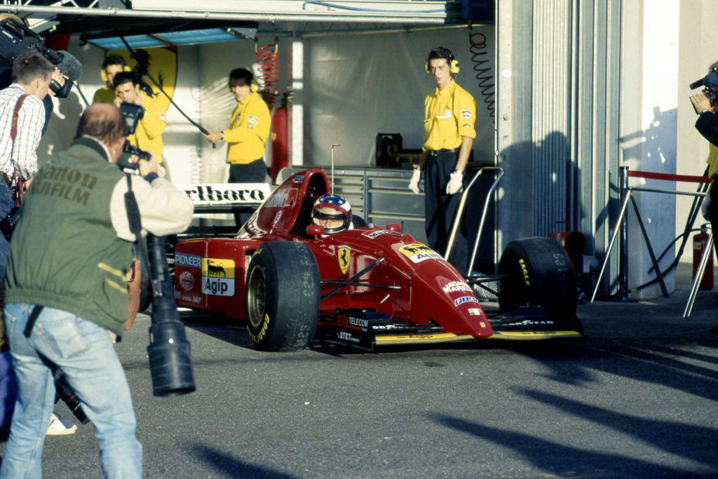 Michael Schumacher during his first ever test of a Ferrari F1 car, the 1995 Ferrari 412 T2