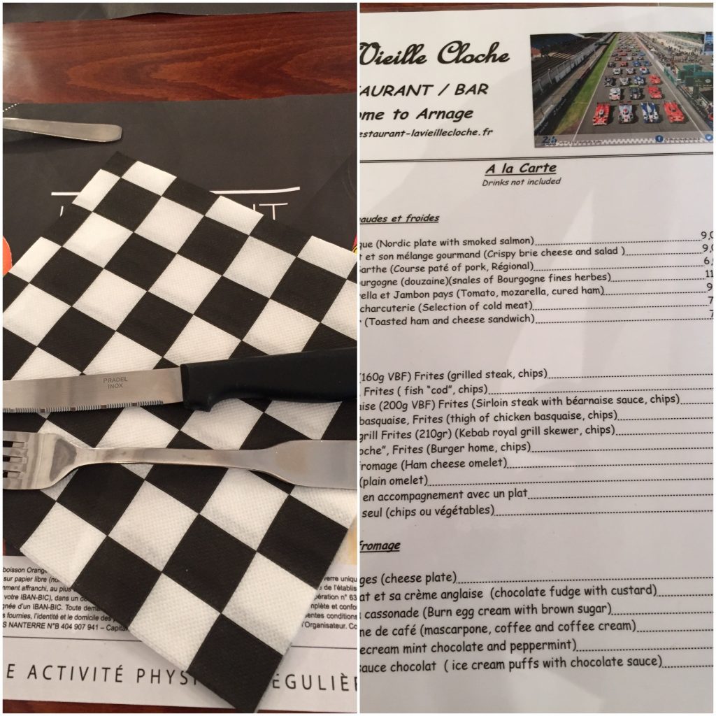 Vielle Cloche restaurant menu during Le Mans race weekend