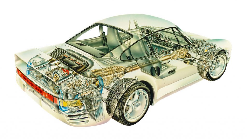 Porsche 959 technical illustration exploded view_Hagerty