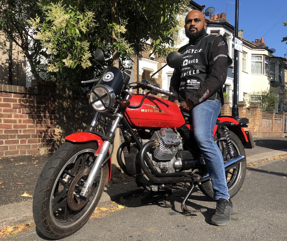 You'll hear Harsha Vardhan approaching on his V-twin Motor Guzzi