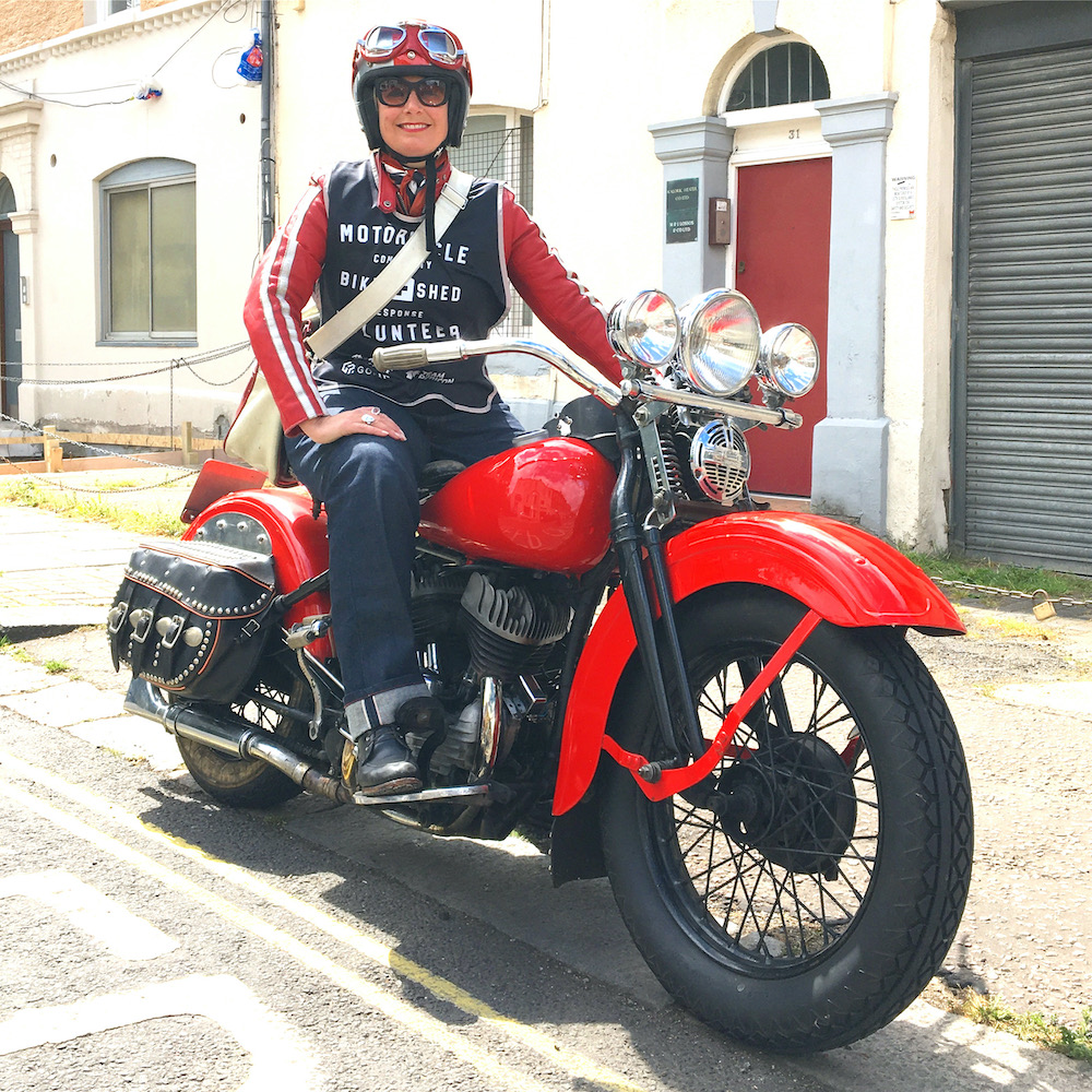 Sarah Bradley, the author, and her vintage 1939 Harley-Davidson