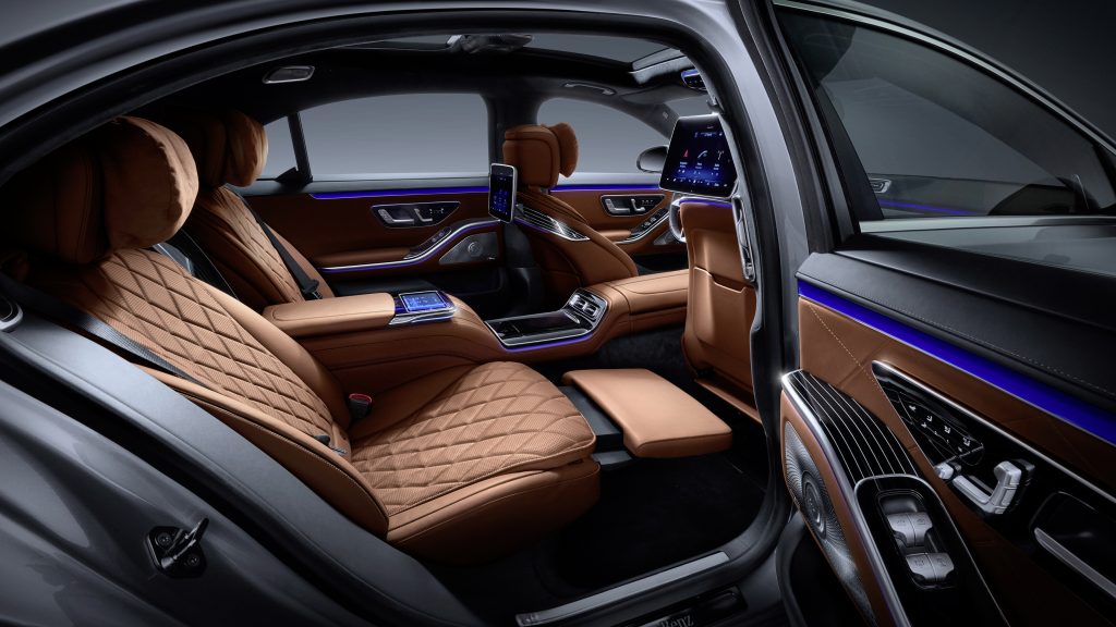 2021 Mercedes S-Class reclining rear seats with touchscreens