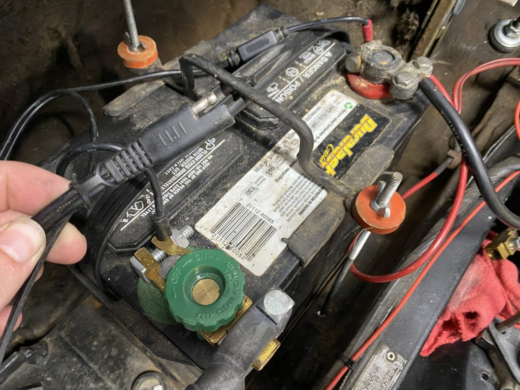 Combine a battery quick disconnect and a hard-wired charger connection for a safe way to maintain the battery with a low fire risk since the rest of the car’s harness does not get any current. Photo: Kyle Smith