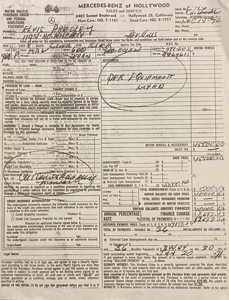 Paperwork for Mercedes 600 Pullman owned by Elvis Presley