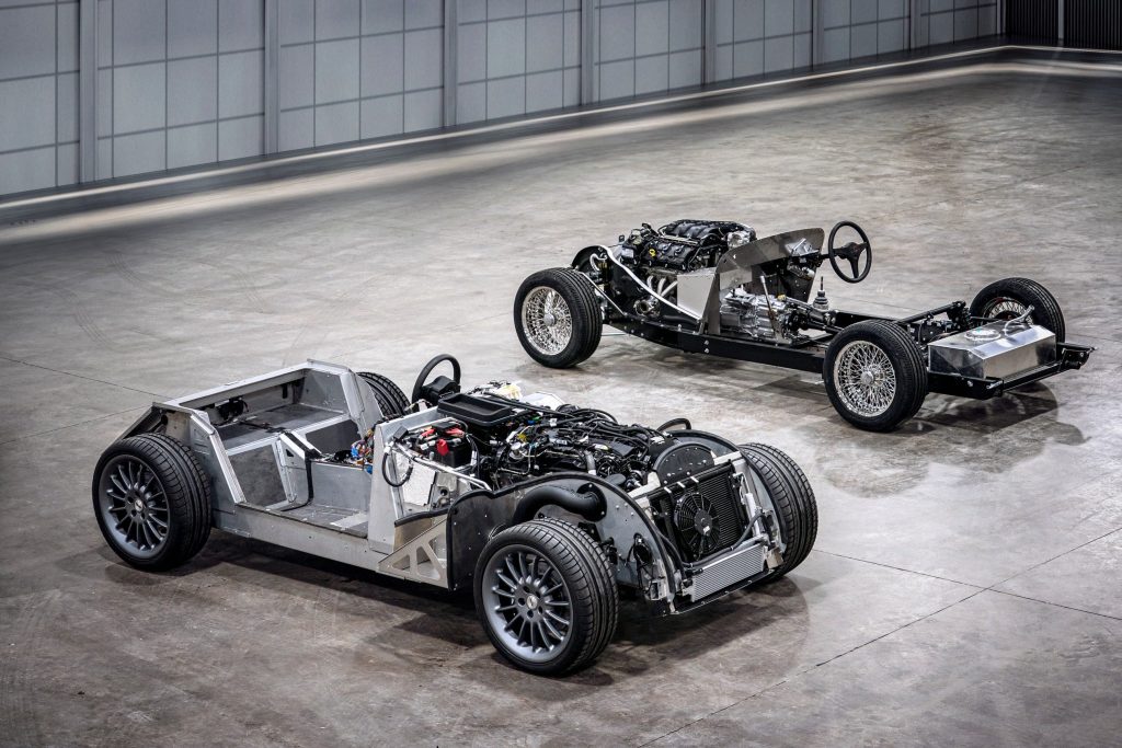 Morgan Plus 4 aluminium chassis next to steel and ash chassis