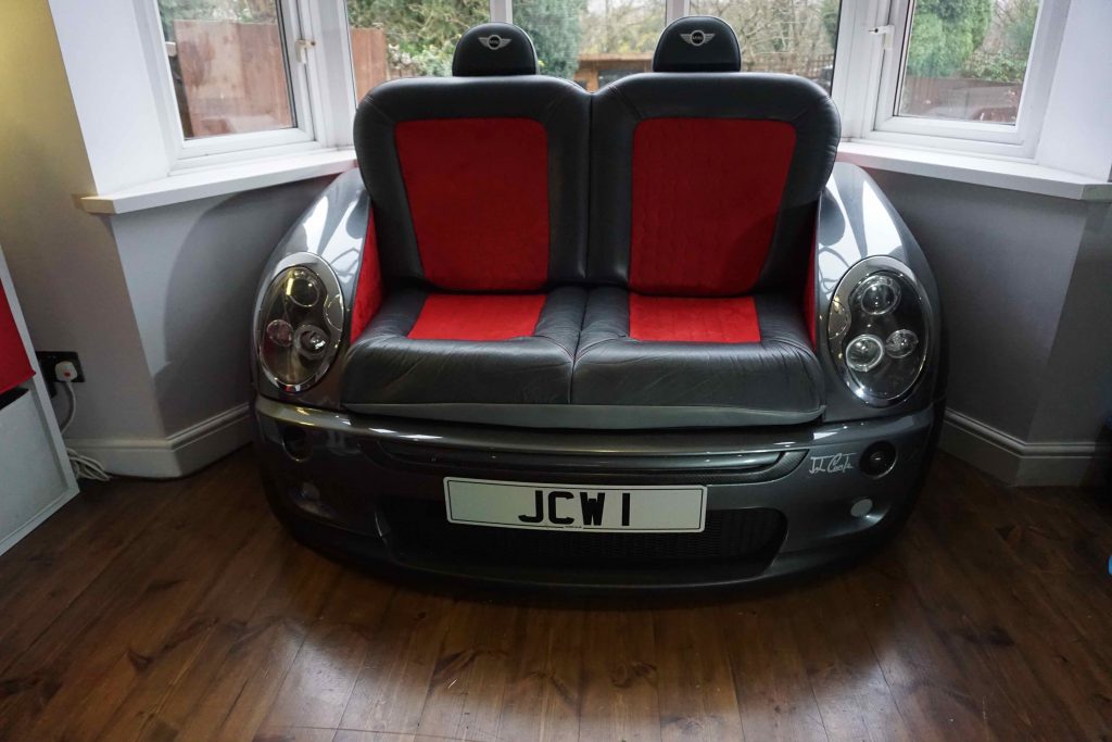 Sofa made from a Mini Cooper bonnet and bumper