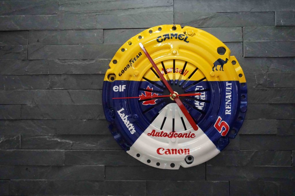 Williams F1-style clock made from car parts