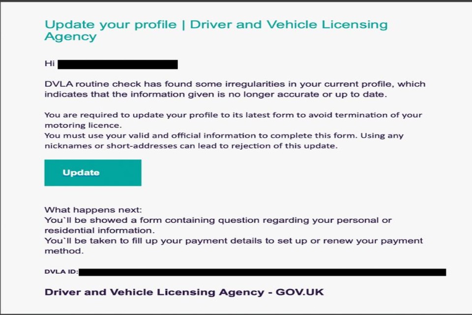 Example of scam email from the DVLA