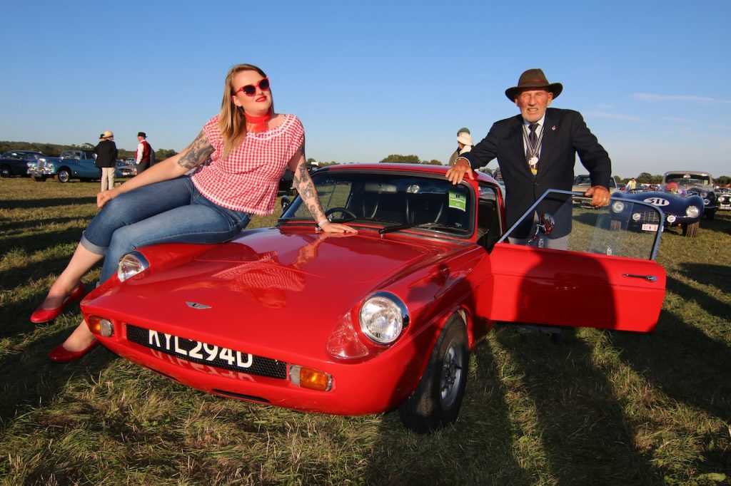 Stirling Moss recreating the 1960s shot with Tims car at Goodwood 2016