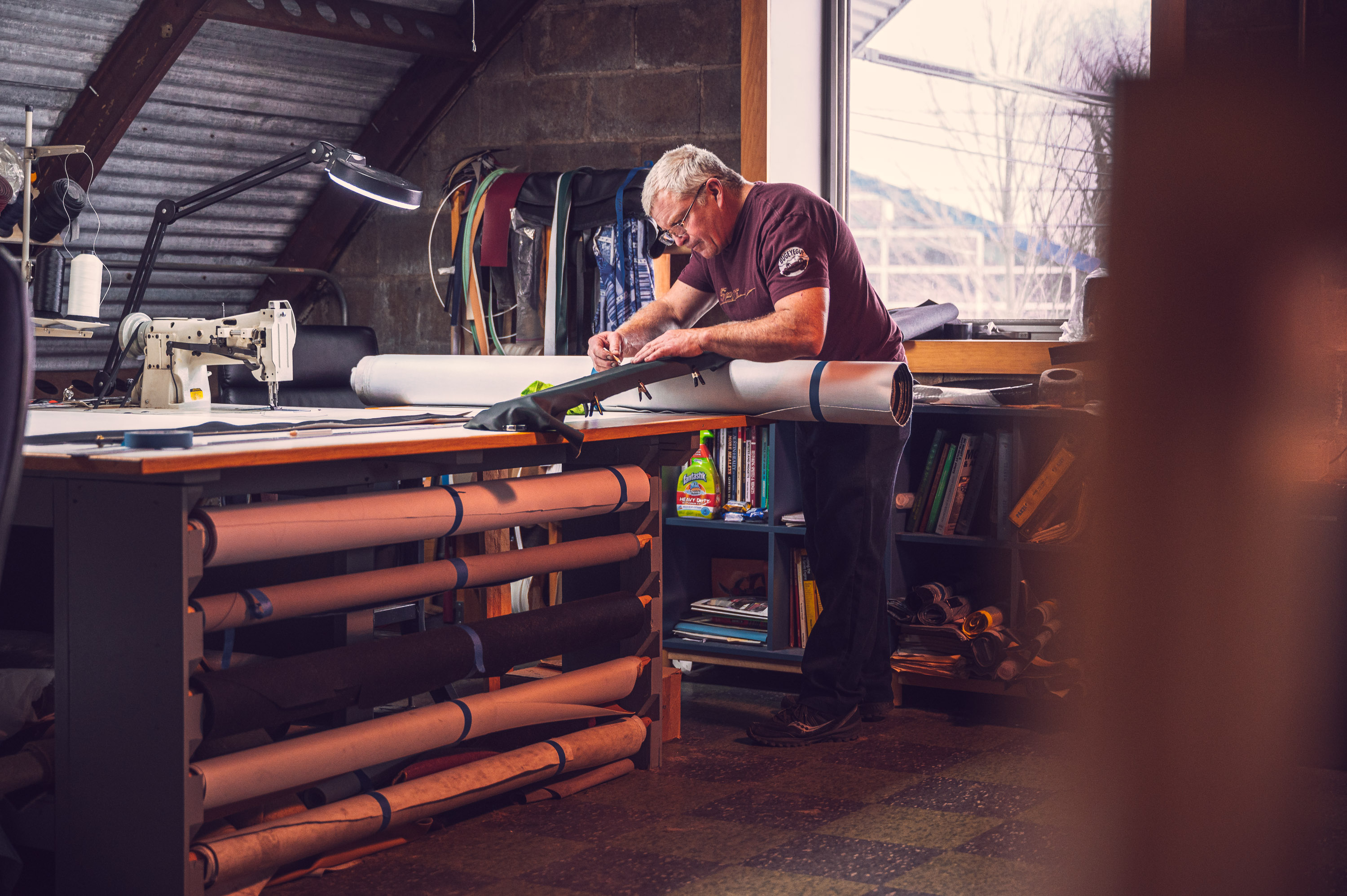 Stitching upholstery on an Austin-Healey Sprite