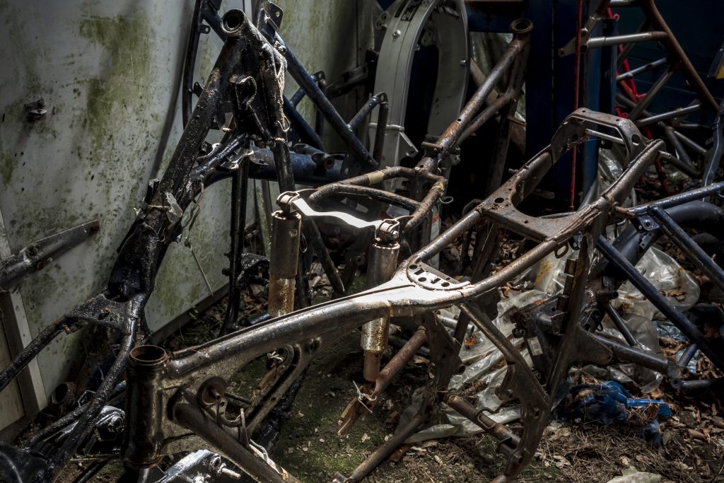 Motorcycle frames stripped at Tab II CLassics