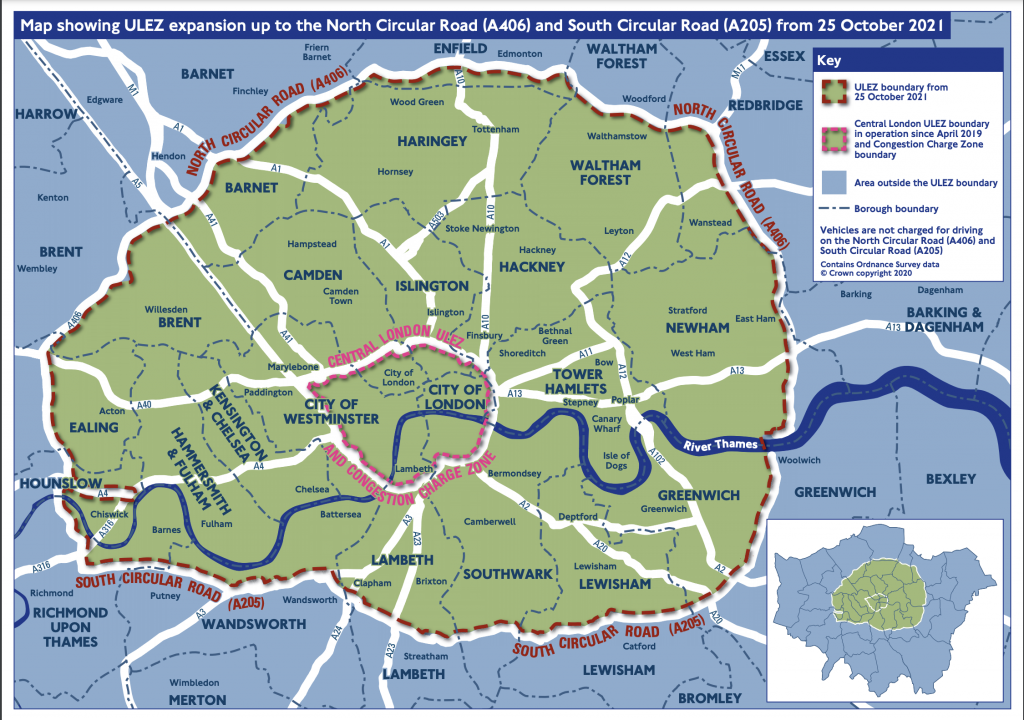 Map of the October 2021 expanded ULEZ area in London