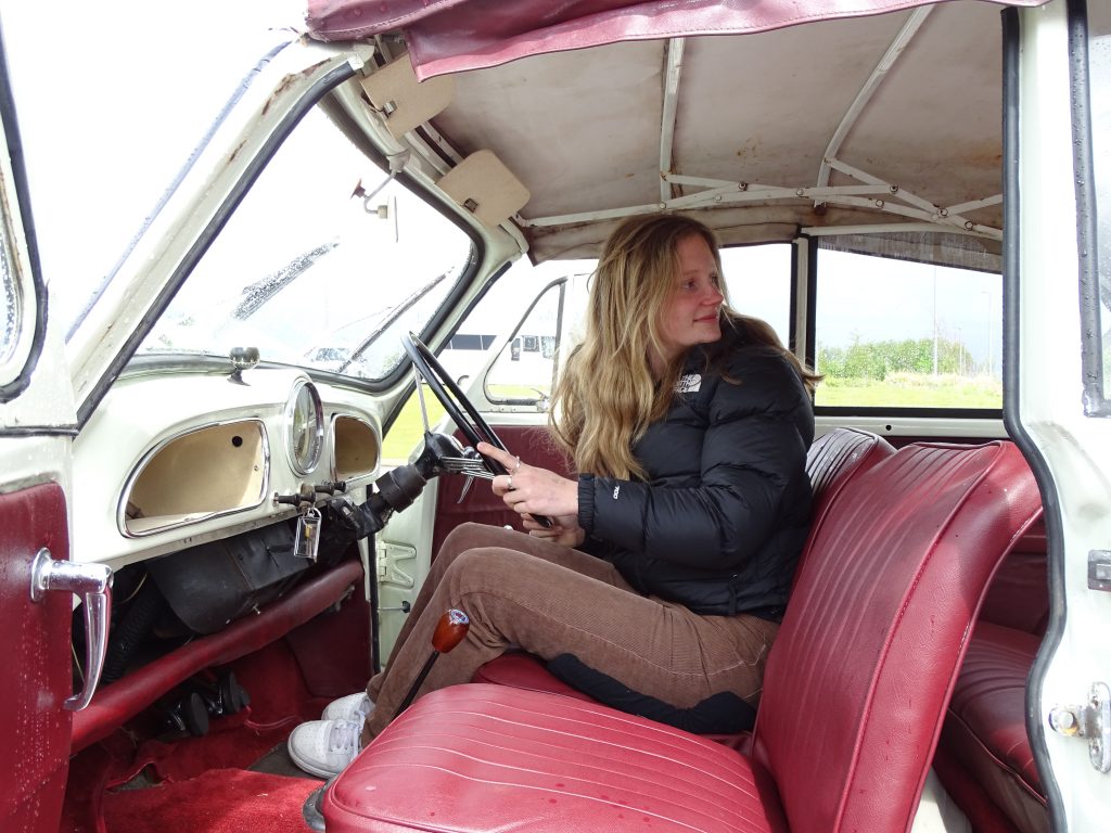 Pia mills drives the Morris Minor convertible at Young Driver