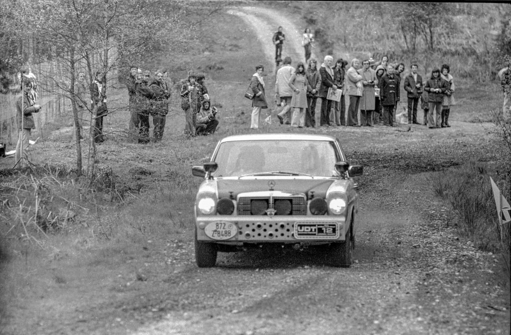 The Moss/Taylor/Sell Mercedes 280E trying hard on an early UK stage of the UDT World Cup Rally 1974