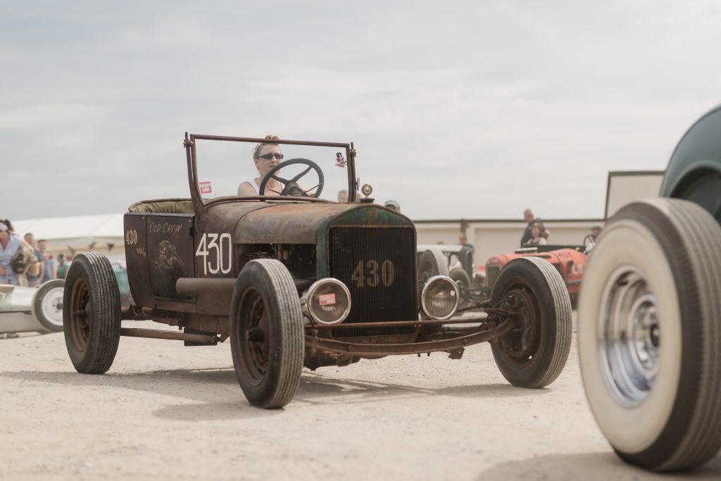 Joanna Kirkby driving her 1927 Model T at Pendine Sands