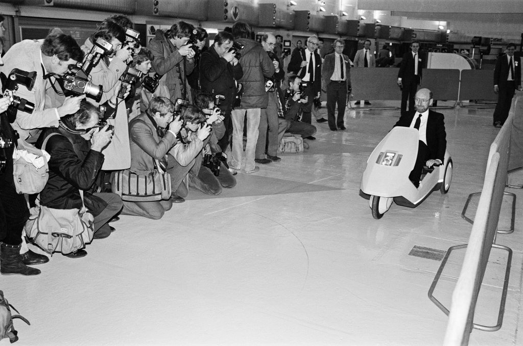 The New Electric Vehicle Sir Clive Sinclair in his new electric vehicle, the C5. Sir Clive meets the press Picture taken 10th January 1985. (Photo by Mike Maloney/Daily Mirror/Mirrorpix/Getty Images)