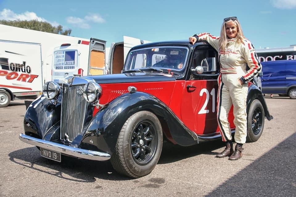 Maria Costello and MG YB at 2021 Goodwood Revival