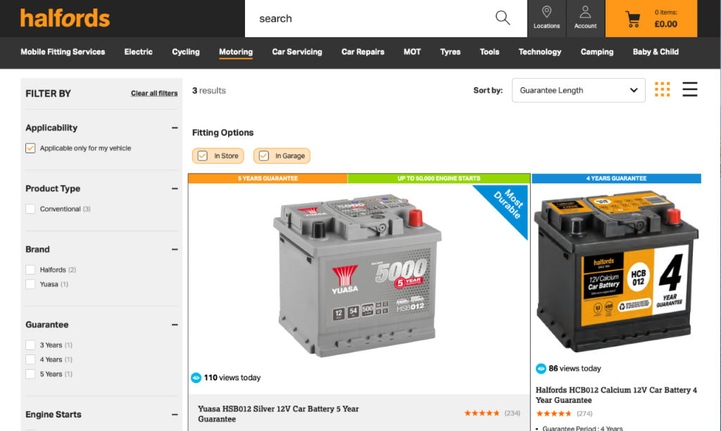 Halfords car battery site reviewed and rated