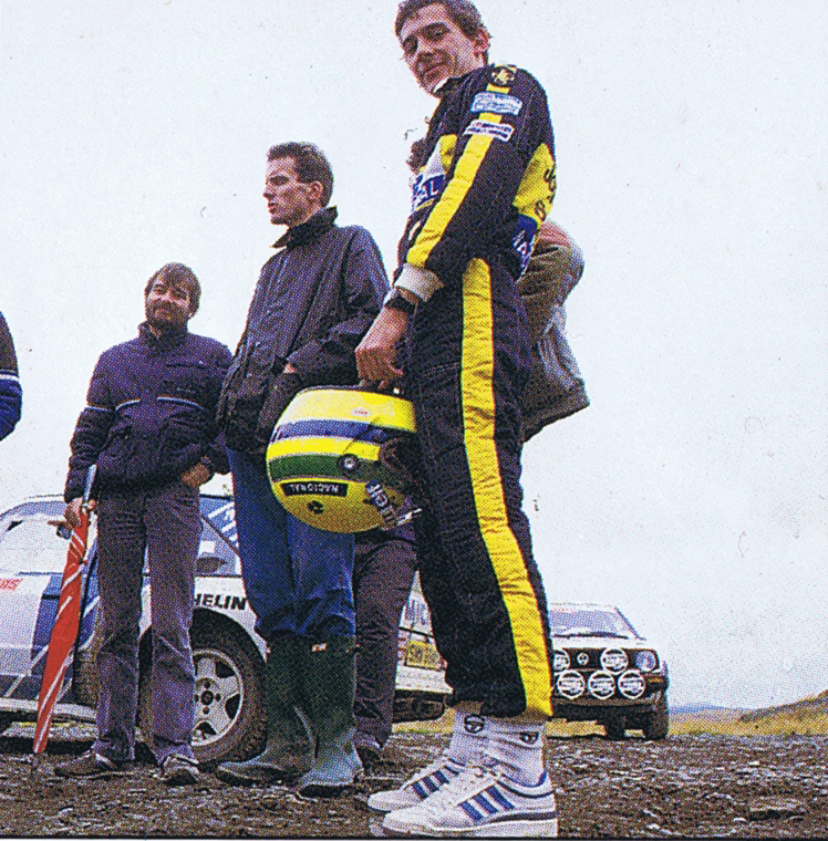 Ayrton Senna with Russell Bulgin during rally car test