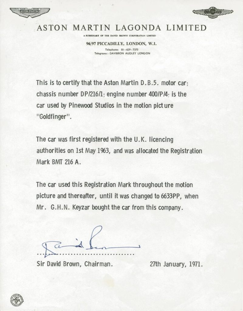 David Brown letter for Aston Martin DB5 from Goldfinger