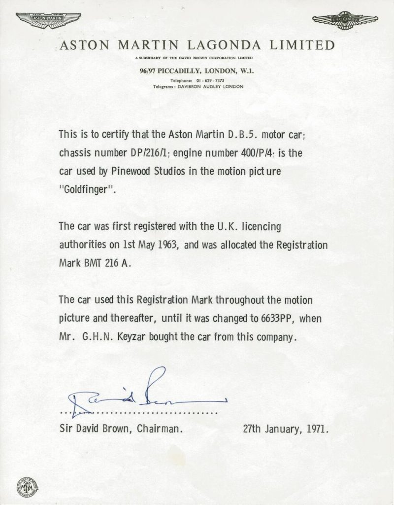 David Brown letter for Aston Martin DB5 from Goldfinger 