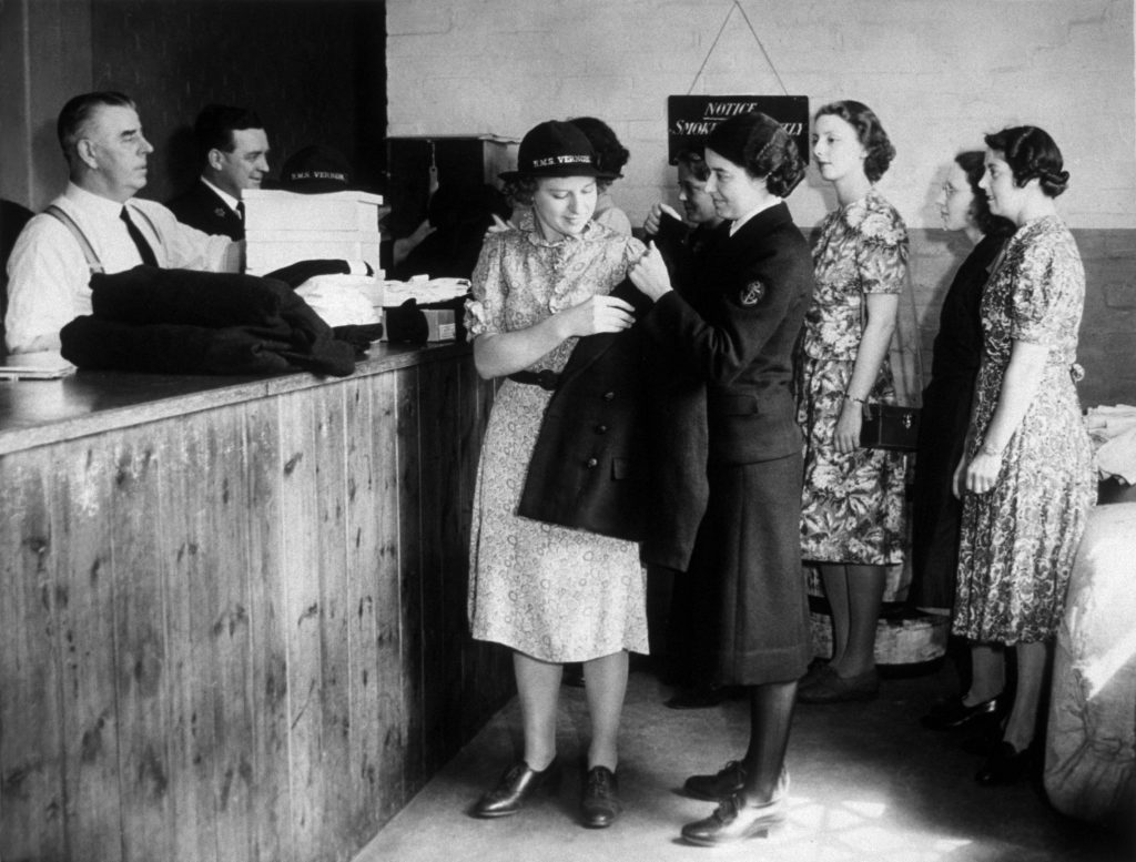 Wren recruits receiving their new uniforms, 1940