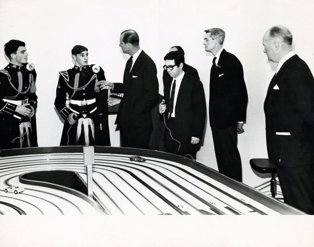 Ivan Berg with the Duke of Edinburgh at the opening of the Aviemore slot car track