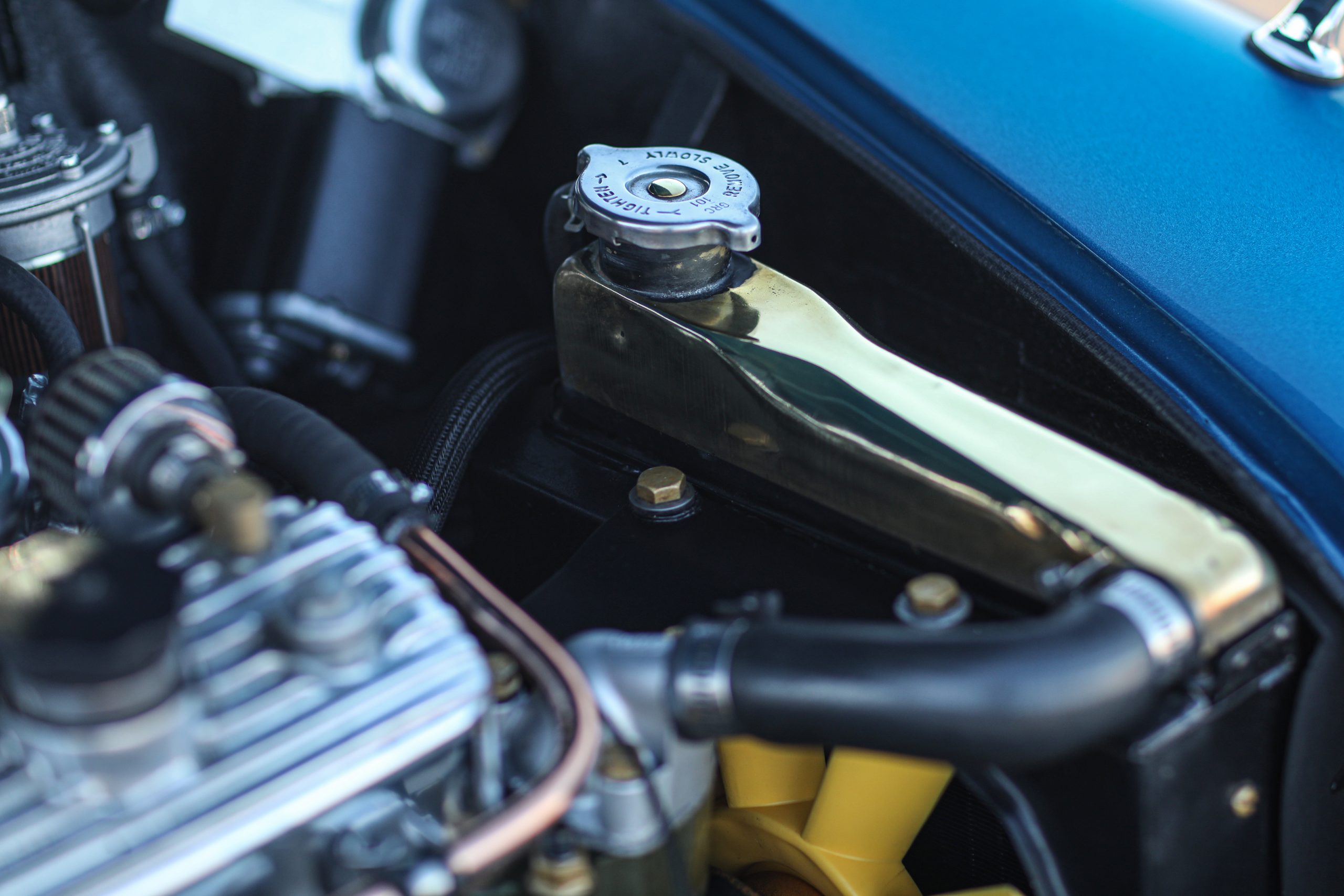 Austin Mini engine bay with polished radiator