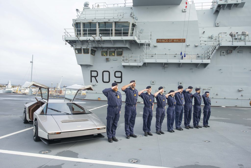 Aston Martin Bulldog on the flight deck of HMS Prince of Wales