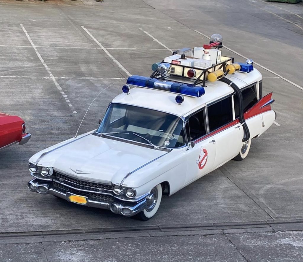 An Ecto-1 Ghostbusters replica car