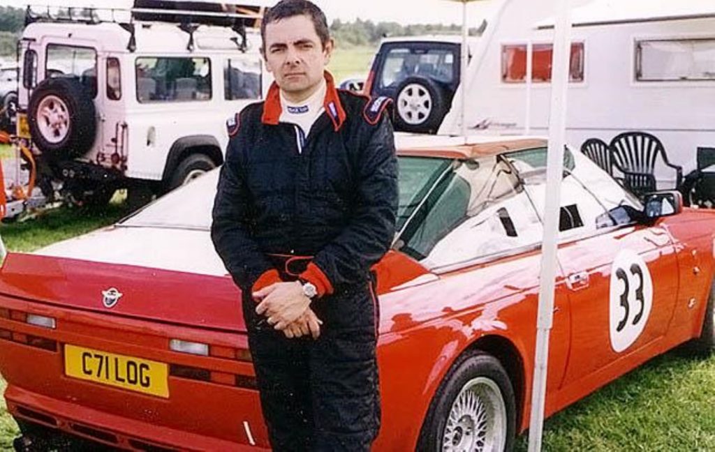 Rowan Atkinson with his Aston Martin V8 Vantage Zagato
