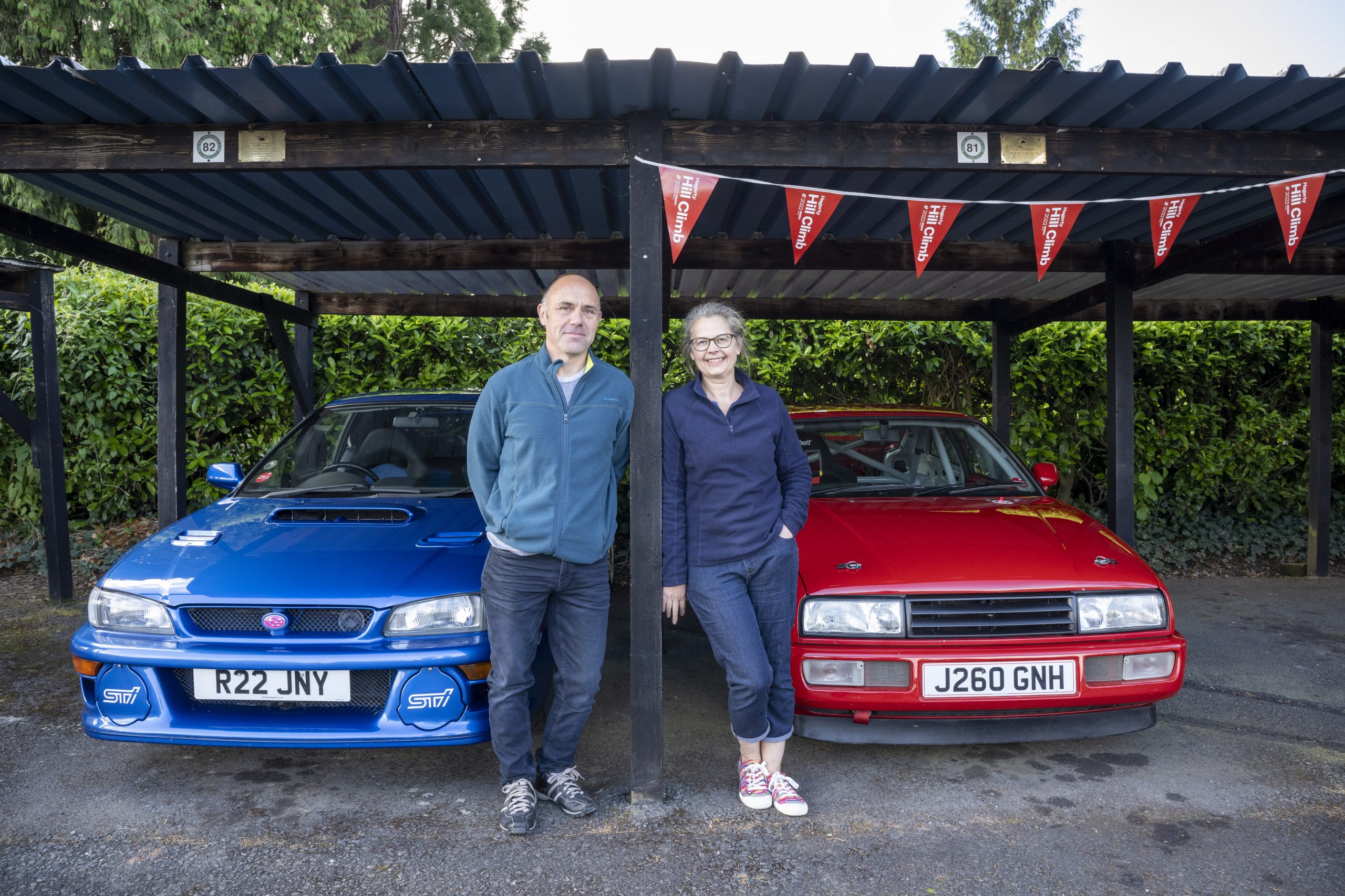 Sussana Kenniston and Eliot Dunmore with the VW Corrado and Impreza 22B