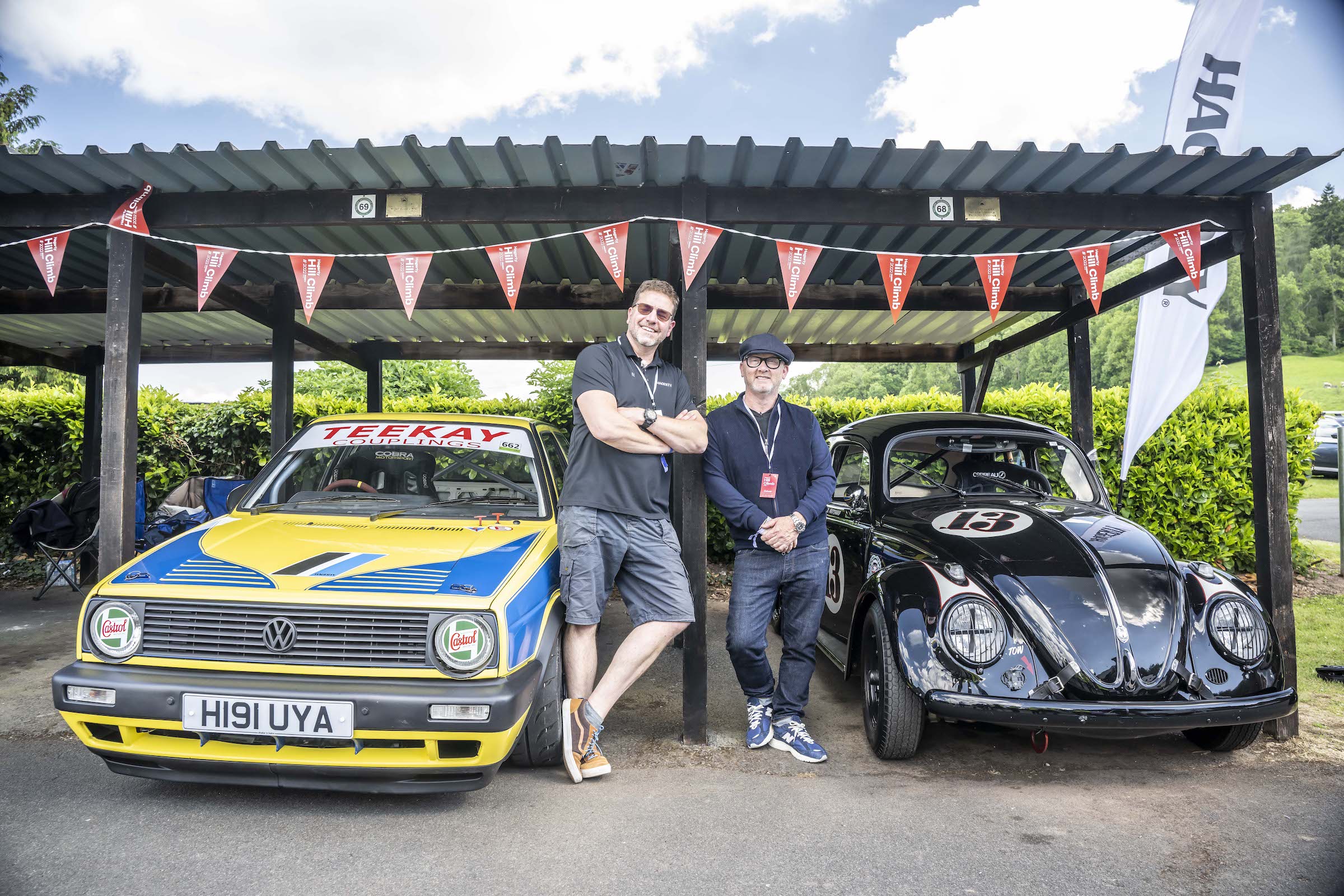 “Let’s settle this on the hill!” Paul Cowland and Drew Pritchard go head-to-head in their Golf GTI and VW Beetle