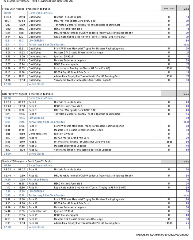 2022 Silverstone Classic timetable