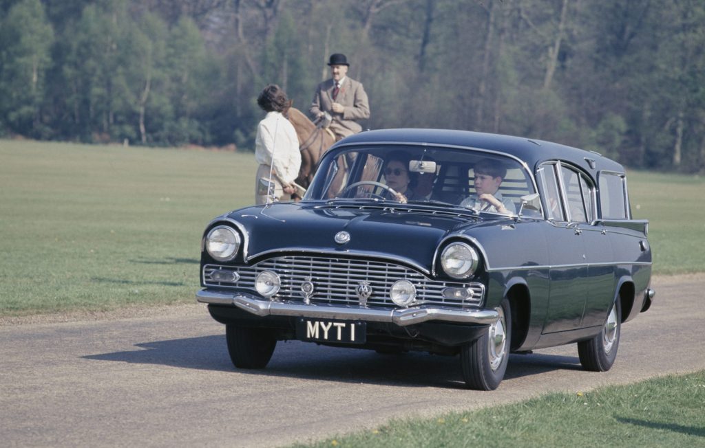The Queen drives Prince Andrew in her 1961 Vauxhall PA Cresta Friary Estate
