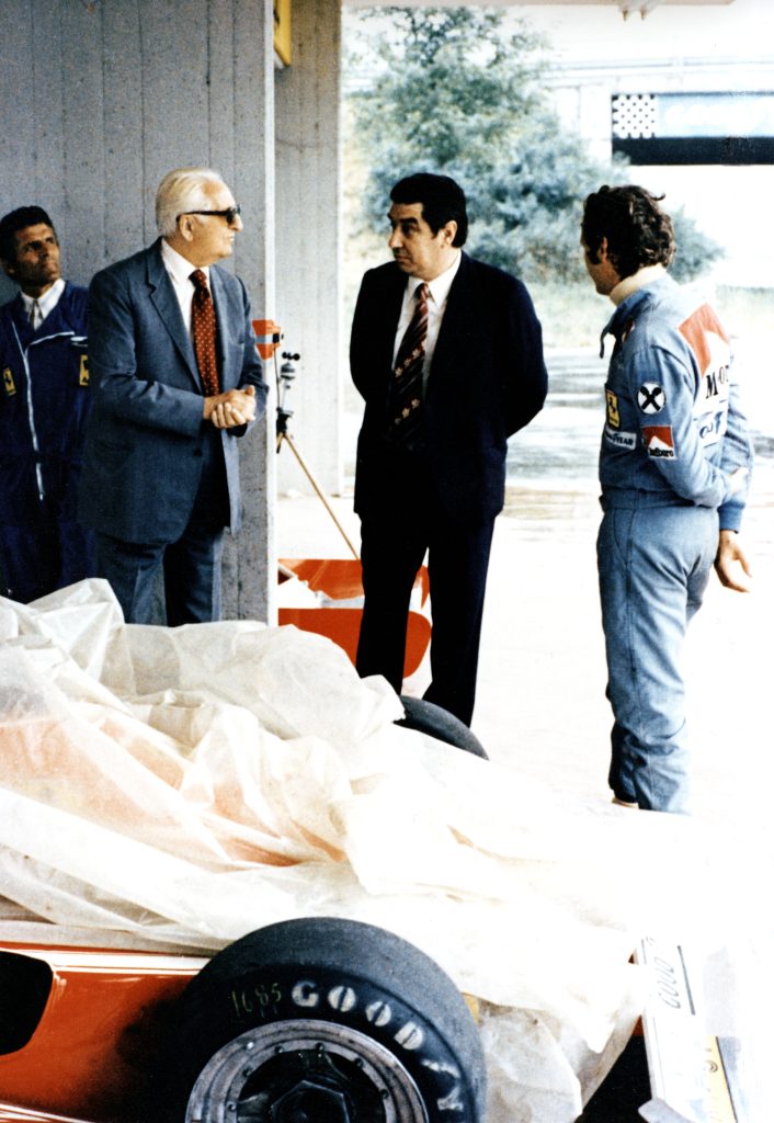 Enzo Ferrari with Franco Gozzi, former PR boss turned F1 manager, and Niki Lauda