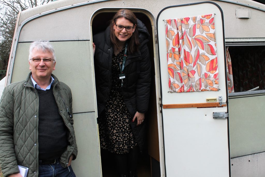 Giles Chapman and Angela Willis with the Sprite 400 caravan