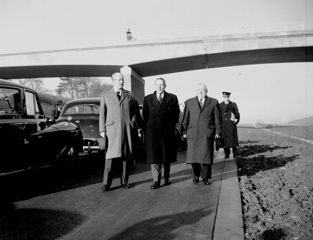 HAROLD MACMILLAN (RIGHT) WITH TRANSPORT MINISTER HAROLD WATKINSON MAKING AN INSPECTION OF THE PRESTON BY-PASS