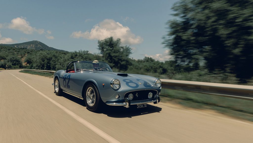 1960-Ferrari-250-GT-SWB-California-Spider-by-Scaglietti front three quarter action