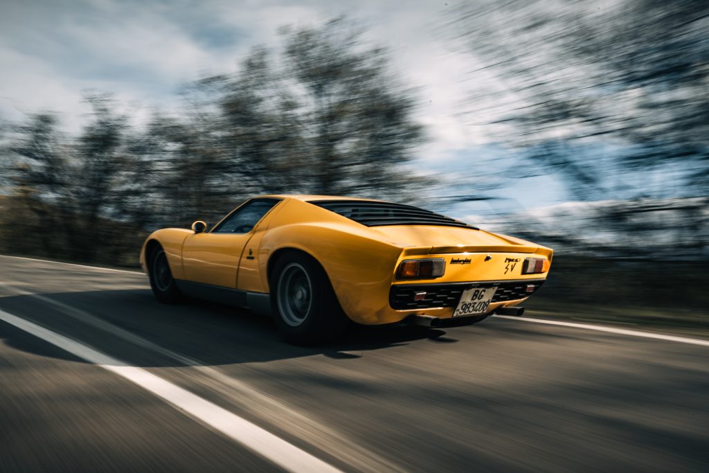 Lamborghini Miura SV rear three quarter action blur motion